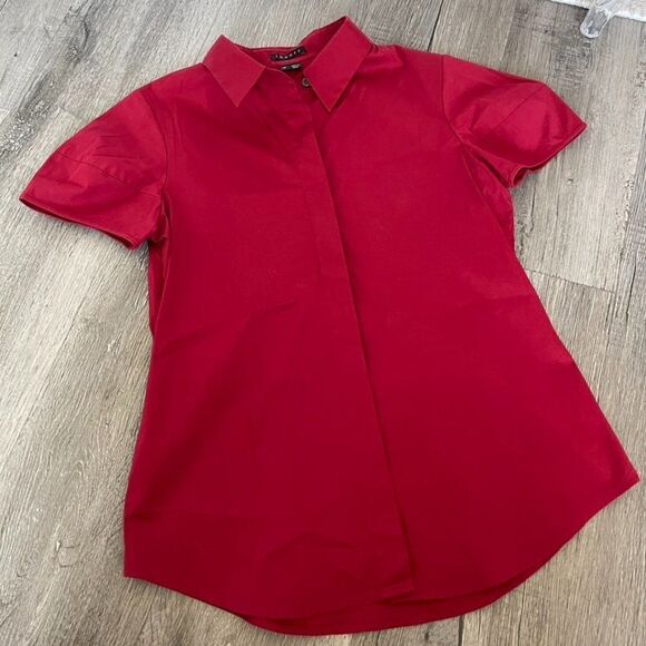 Theory Women Red Short Sleeve Button Down Shirt - Picture 1 of 13